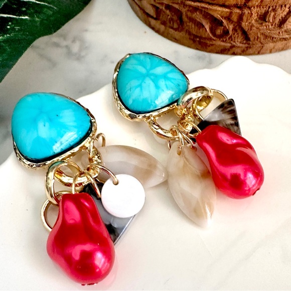 2/$30🌵 Gold Turquoise Stone Red Bead Dangle Earrings Zara Bohemian Jewelry NEW - Picture 7 of 11